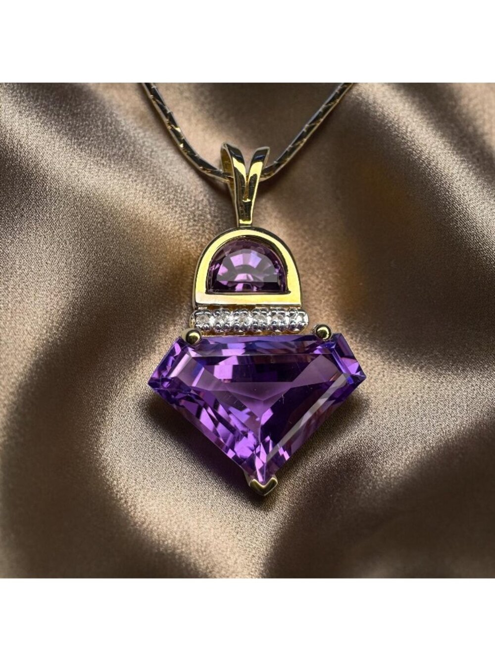 14K Gold Natural Amethyst & Diamond Necklace -17" Retro Contemporary Estate 4.4g
